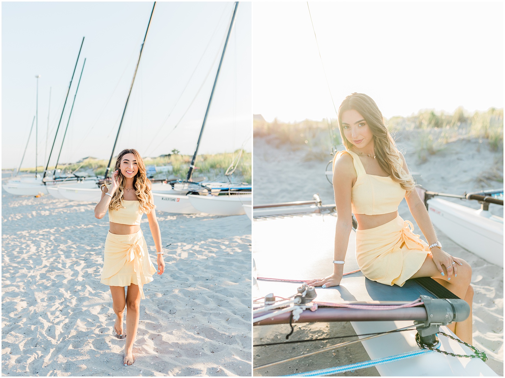 teen girl wearing a yellow skirt posing and smiling on the beach for her senior pictures