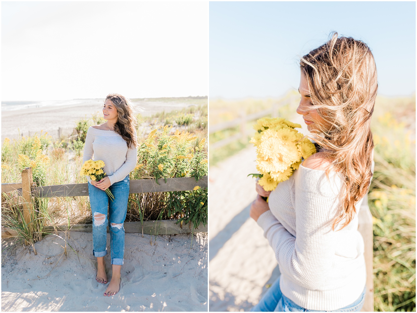 teen girl holding yellow flowers in ocean city nj