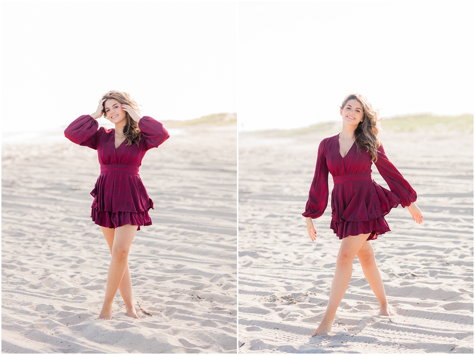 teen girl twirling on the beach in a red dress in ocean city, nj