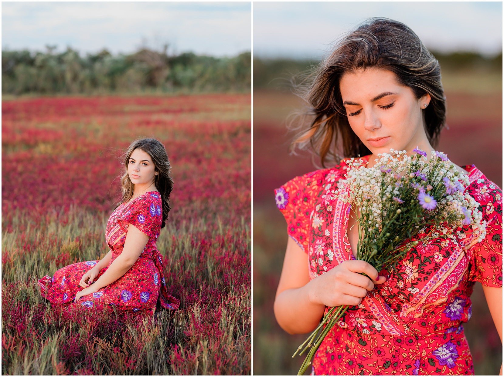 teen girl in red dress skipping through a field of red flowers near the beach in ocean city, nj