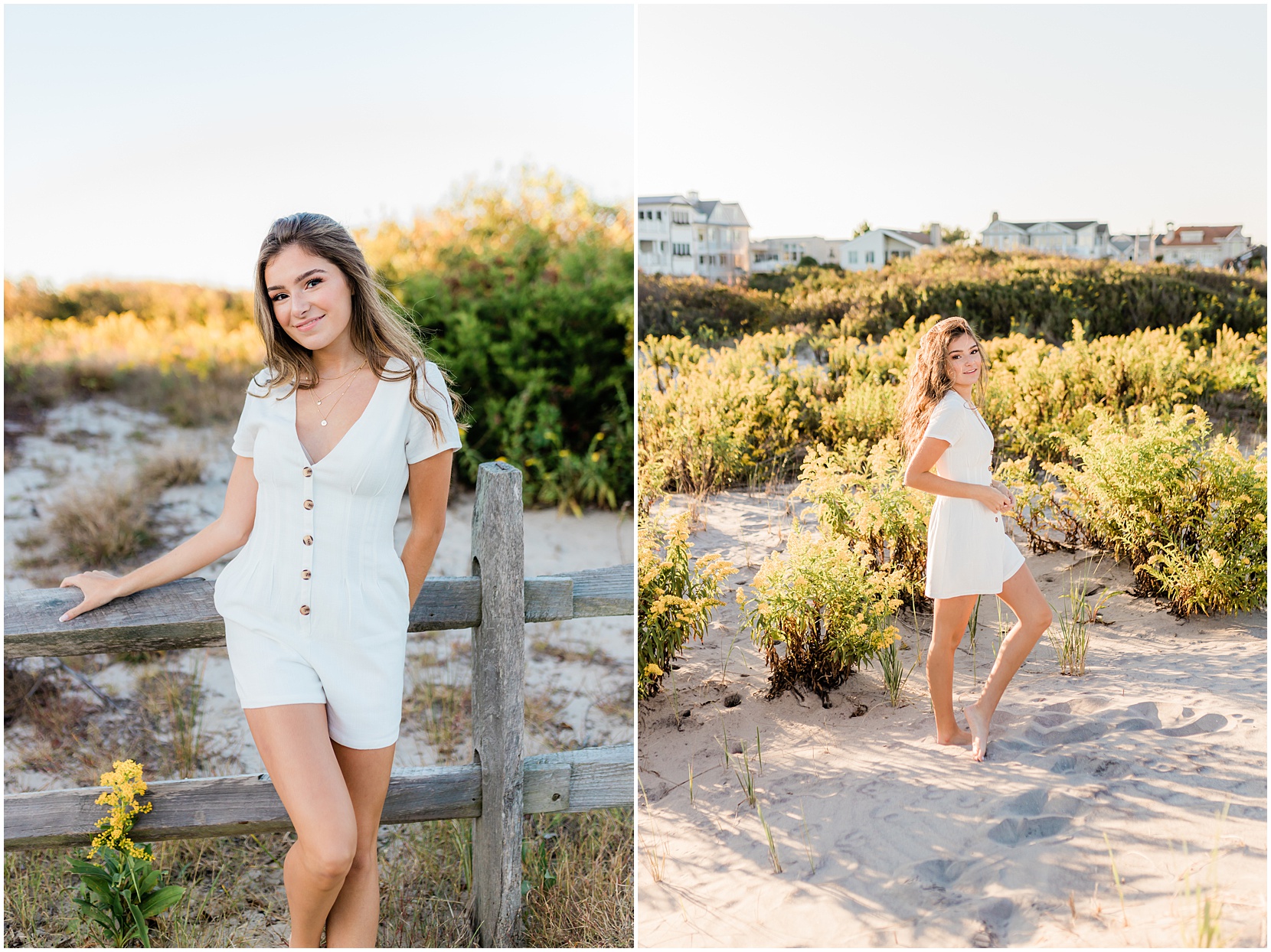 high school senior posing for senior pictures on the beach in ocean city new jersey. she is wearing a white romper