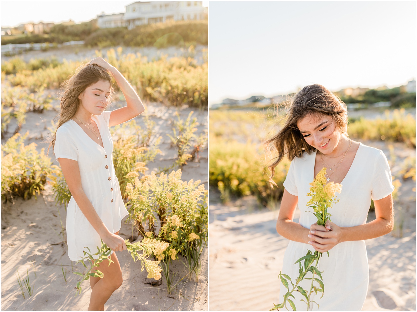 high school senior posing for senior pictures on the beach in ocean city new jersey. she is wearing a white romper. the sun is golden!