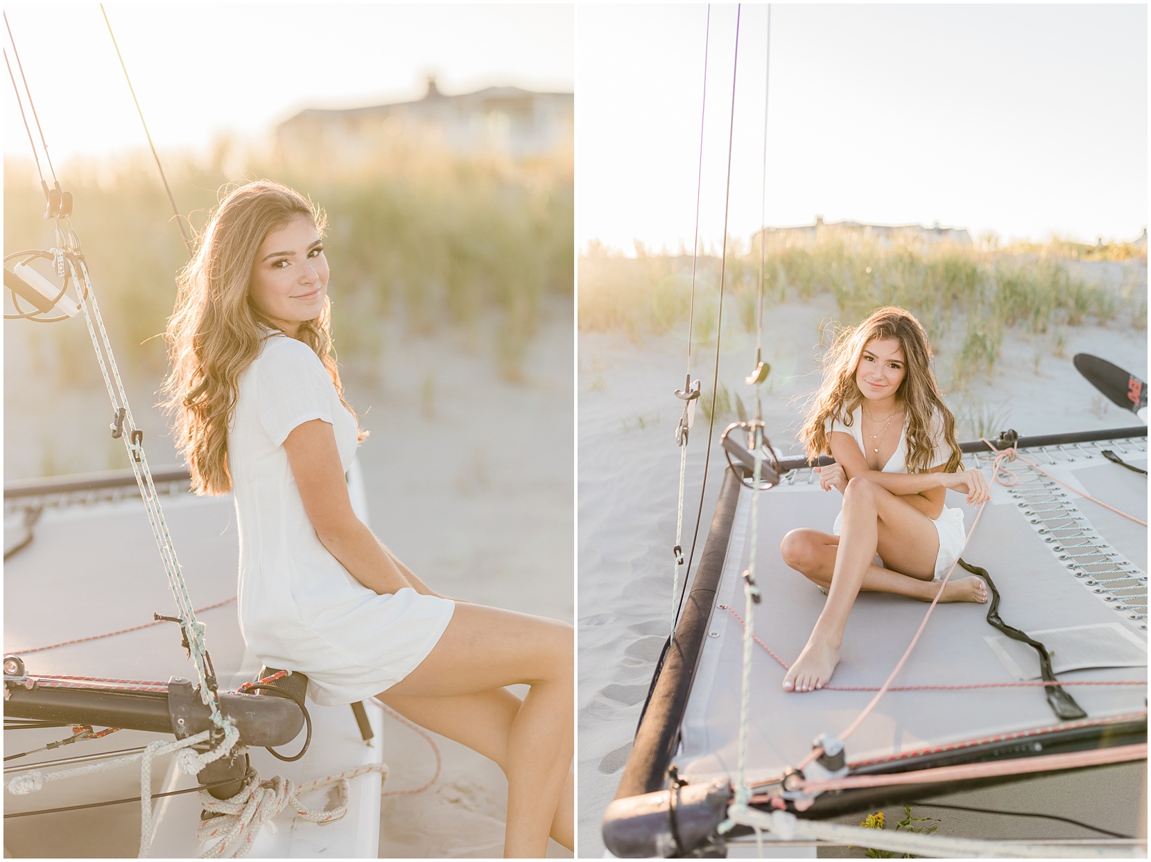 high school senior posing for senior pictures on the beach in ocean city new jersey. she is wearing a white romper and sitting on a sailboat. the sun is golden!