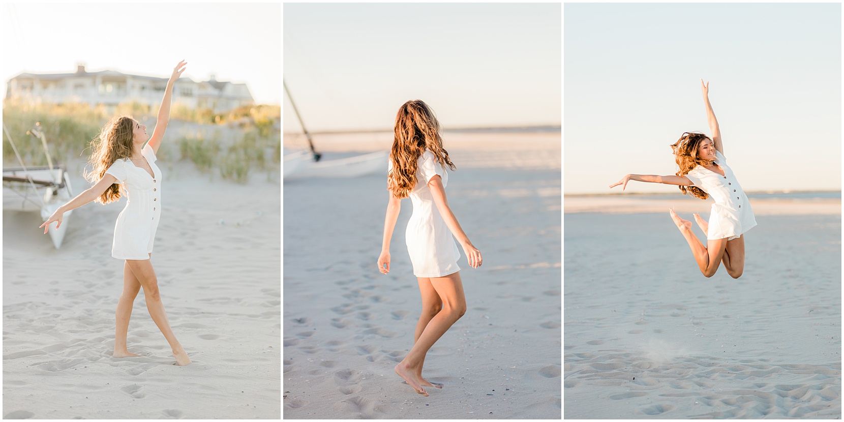 high school senior posing for senior pictures on the beach in ocean city new jersey. she is wearing a white romper. She is dancing and the sun is golden!