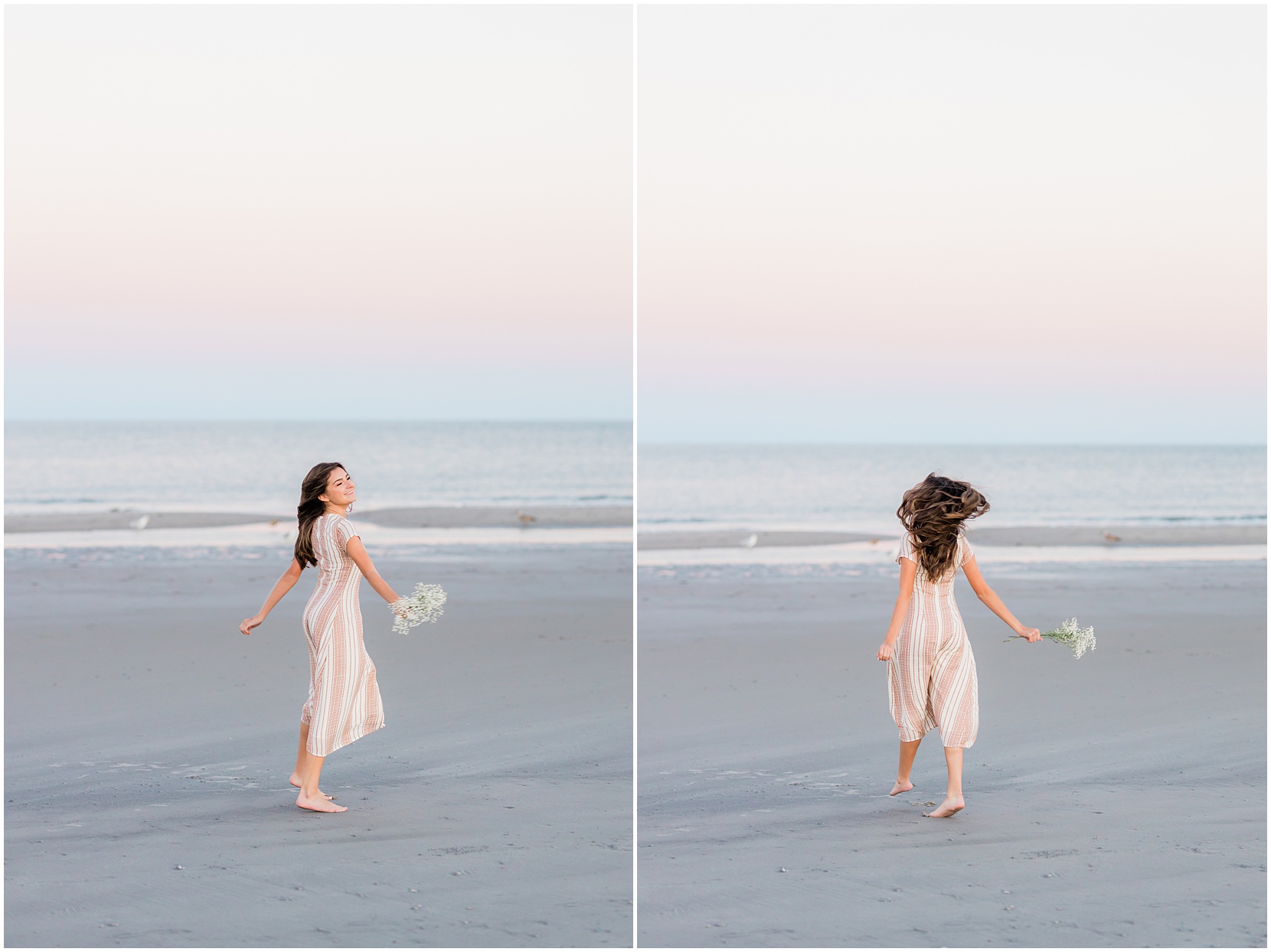 Teen girl posing for her senior pictures with Nicole Marie Photography. She is standing in the under the pink sunset sky in Ocean City New Jersey. She is twirling with white flowers.