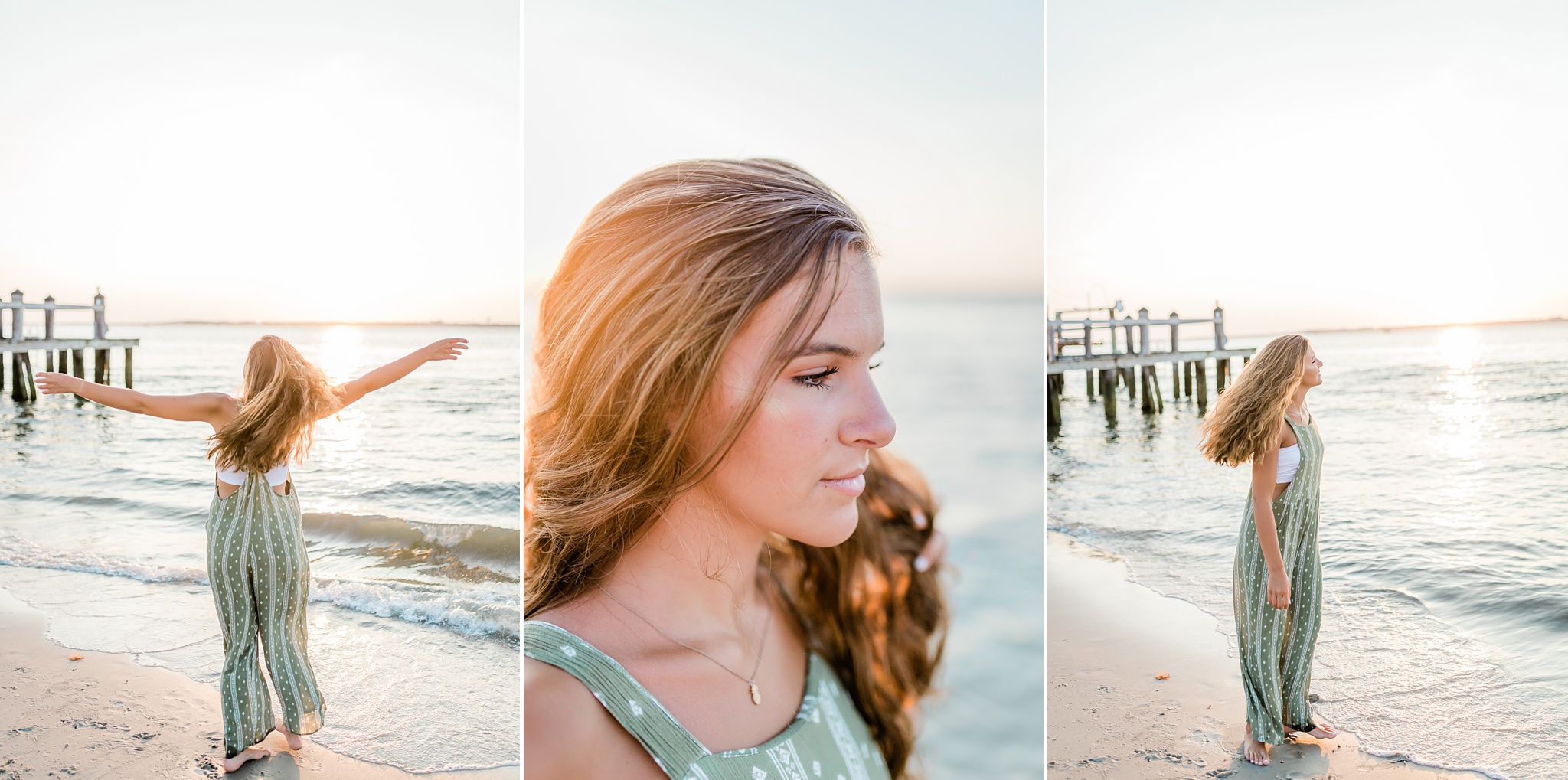 sunset in ocean city, golden hour photoshoot, frolicking on the beach, sunset on the bay, bay photoshoot, green jumpsuit, photoshoot outfits, senior picture outfits, senior portrait hairstyle, senior photos makeup