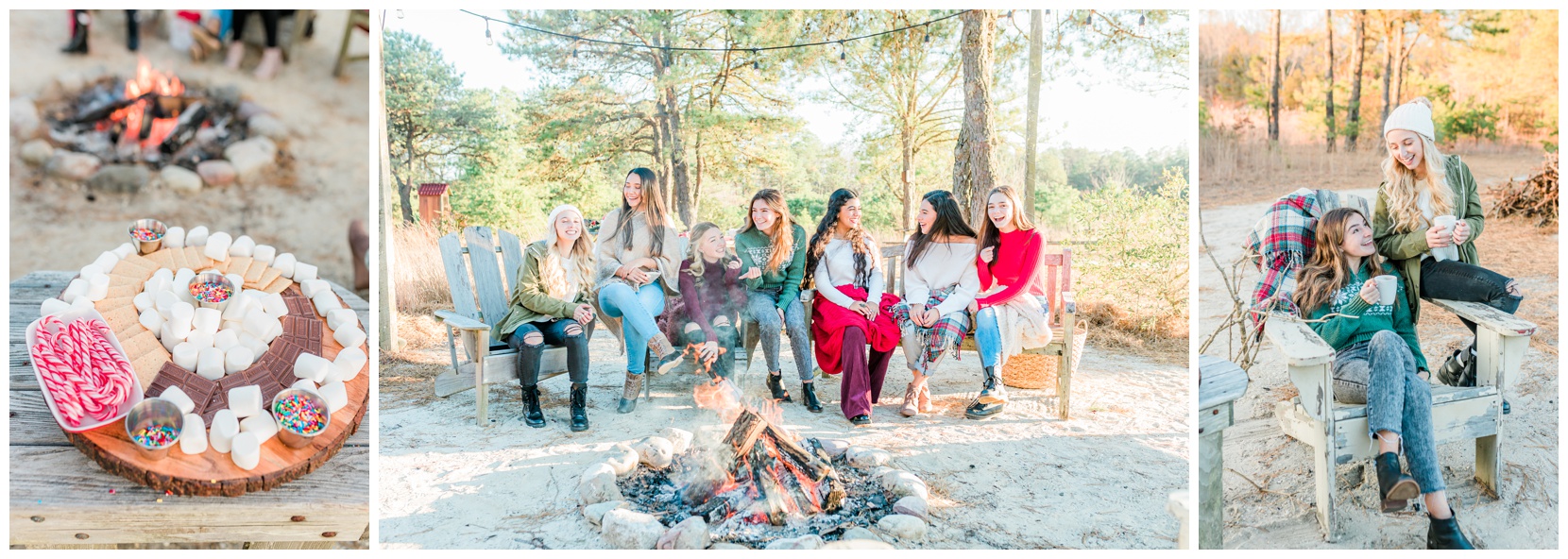 teen girls sitting by a bonfire roasting marshmallows and making s'mores