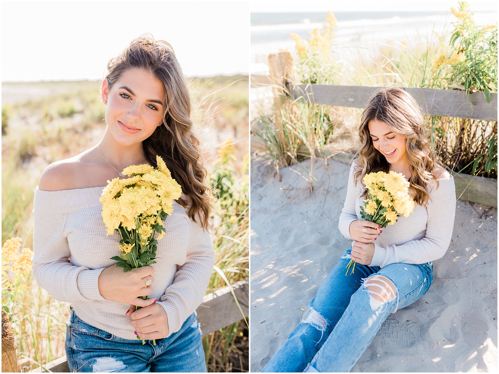 high school senior girl posing for senior pictures holding yellow flowers on ocean city nj beach
