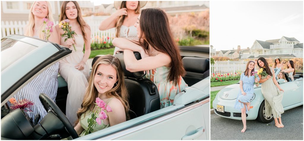 senior photoshoot with tulips and a blue buggy in ocean city new jersey