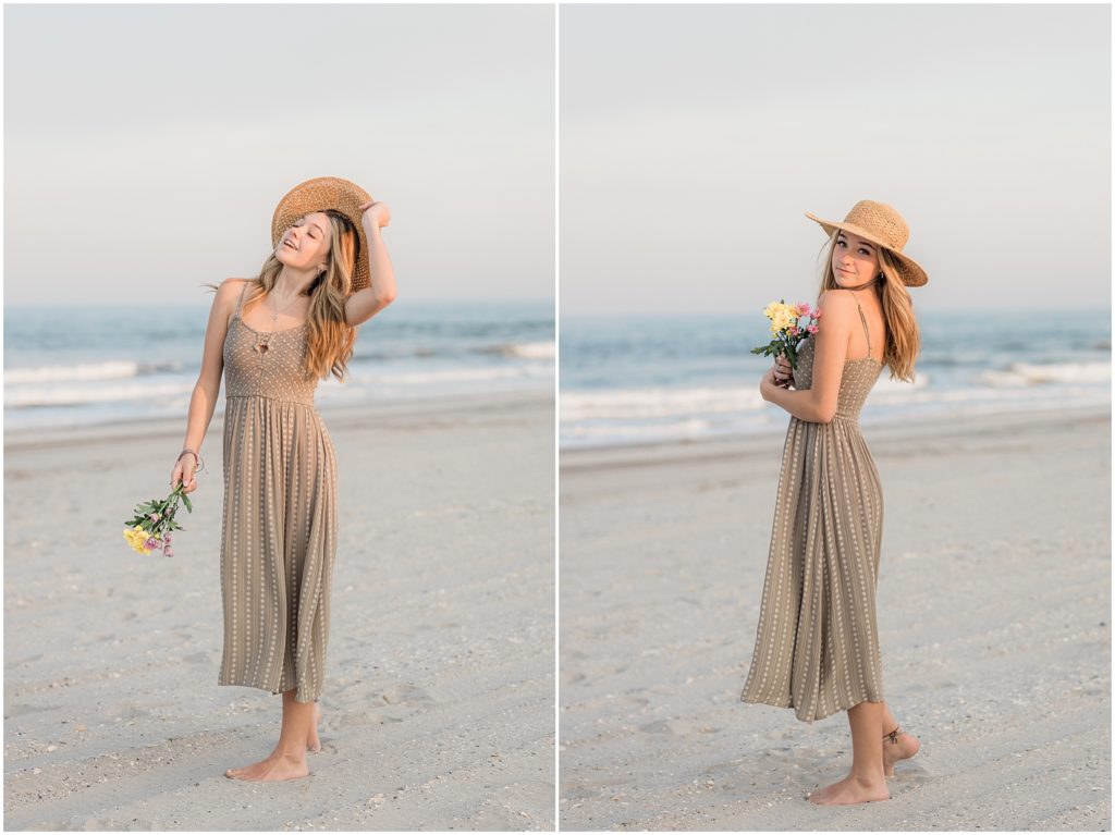 teen girl twirling on the beach with flowers in ocean city new jersey
